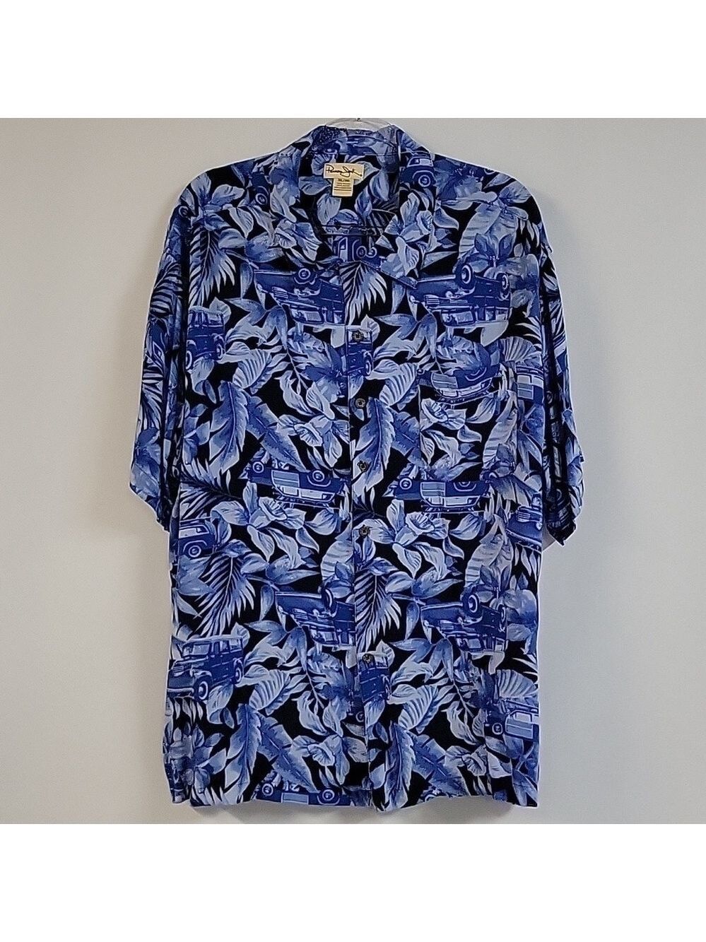 Panama Jack Hawaiian Floral Woody Wagon Blue, Short-Sleeve Shirt, Size 3XL